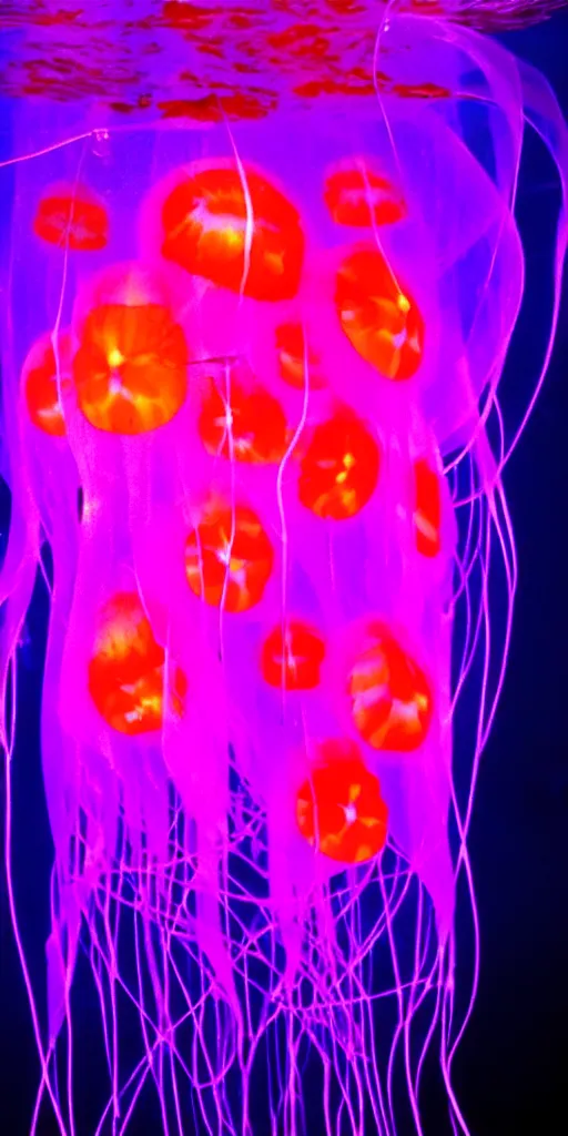 Image similar to a deep sea translucent bioluminescent jellyfish, purple and orange, hyperrealistic, extremely detailed, award winning underwater photograph