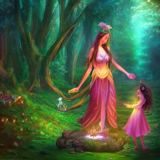 Prompt: “the goddess of love and her daughter making a ritual in a magical forest, sharp focus, detailed, digital art, extra detail, HD, fantasy, 8k”