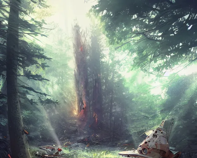 Image similar to a crash-landing sight of a tall spaceship in a forest on the ground, smoke in the air, atmospheric lighting, debris on ground, smoke and flame on ship. By Makoto Shinkai, Stanley Artgerm Lau, WLOP, Rossdraws, James Jean, Andrei Riabovitchev, Marc Simonetti, krenz cushart, Sakimichan, trending on ArtStation, digital art.