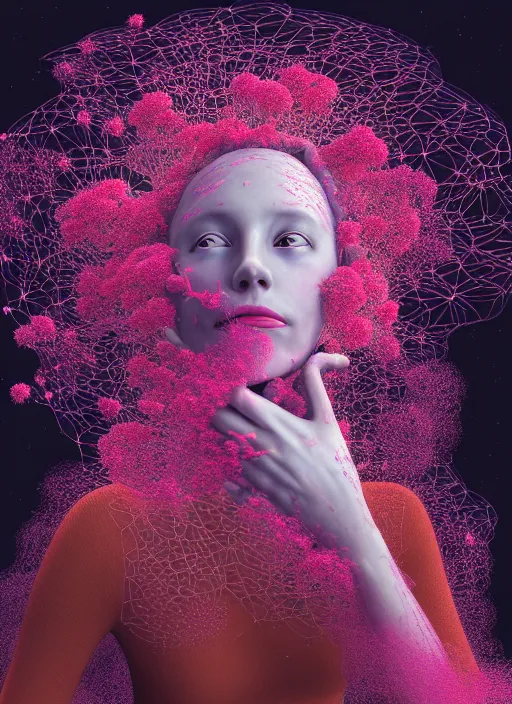 Image similar to hyper detailed 3d render like a Oil painting - Aurora (Singer) seen Eating of the Strangling network of yellowcake aerochrome and milky Fruit and Her delicate Hands hold of gossamer polyp blossoms bring dark fungal flowers whose spores black the foolish stars by Jacek Yerka, Mariusz Lewandowski, Houdini algorithmic generative render, Abstract brush strokes, Masterpiece, Edward Hopper and James Gilleard, Zdzislaw Beksinski, Mark Ryden, Wolfgang Lettl, hints of Yayoi Kasuma, octane render, 8k