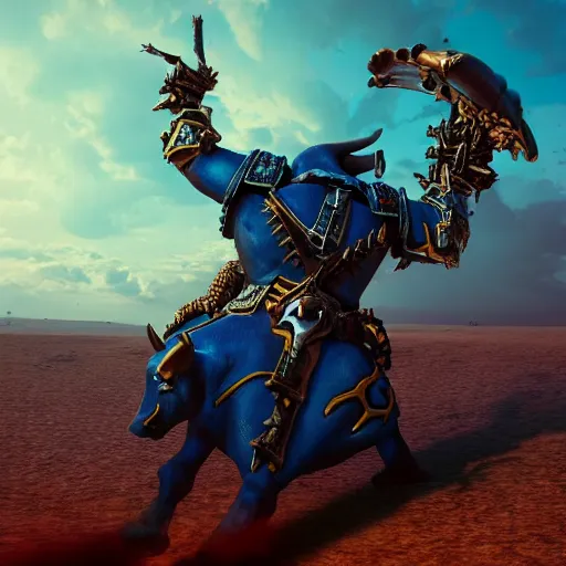 Image similar to warhammer 40k, closeup of a cowboy riding a giant blue bull in the desert, atmospheric, dramatic sky, digital art, illustration, fine details, cinematic, highly detailed, octane render, unreal engine, concept art, artstation