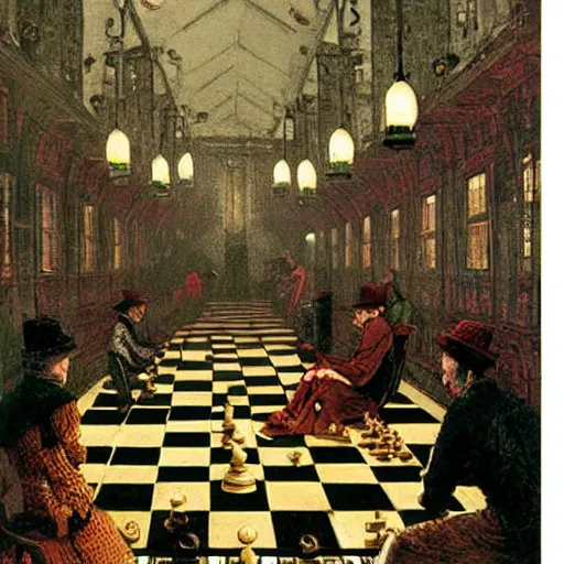 Prompt: Illustration of chess, art by John Atkinson Grimshaw n-3