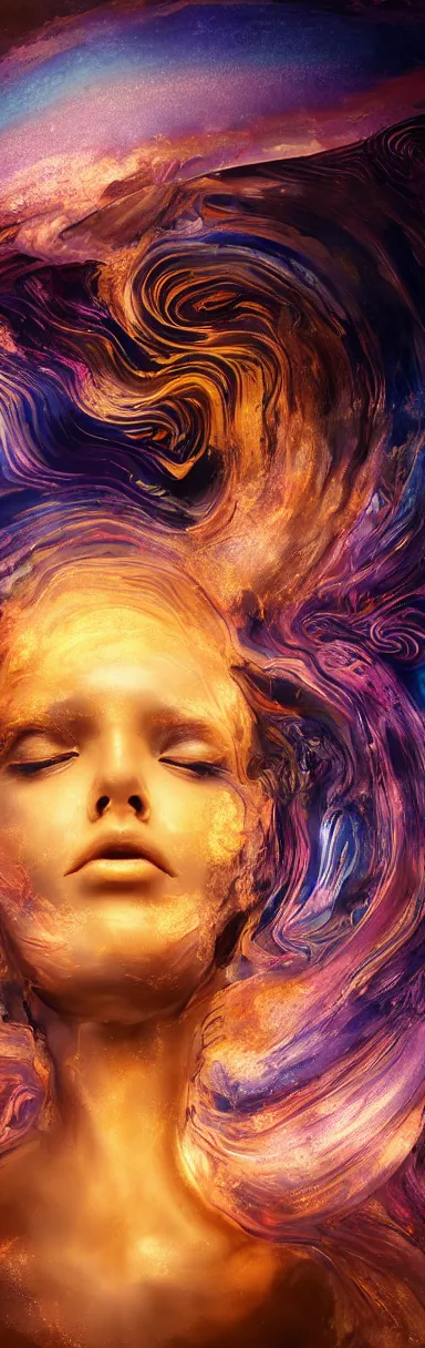 Prompt: epic illustration, abstract sculpture of beautiful female face and black swirling liquifying acrylic portrait, fluffy clouds, mechanical superstructure, glowing edges, golden hour, beautiful light, sculpture of carving marble, dark colors, dark mood, one point light, golden spirals, clockwork, epic matte painting, concept art, bokeh, digital painting