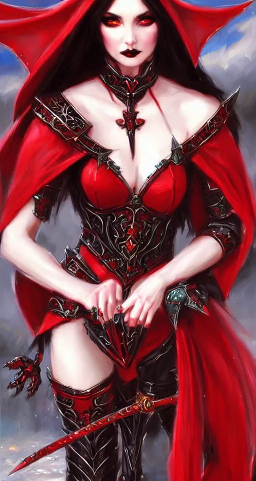 Image similar to Gothic elf princess in red dragon armor by Konstantin Razumov, square crop from the 512x960 full body shot