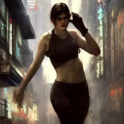 Image similar to alexandra daddario, hyperrealistic portrait, bladerunner street alley, art of elysium by frank frazetta and by jeremy mann and by alphonse mucha, fantasy art, photo realistic, dynamic lighting, artstation, full figure poster, volumetric lighting, very detailed face, 4 k, award winning