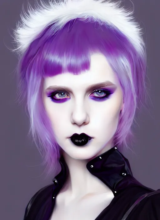 Image similar to portrait of white teenage girl, normal face, white bangs, mall goth, cyberlox, black and white hair, bangs, fluffy bangs, red contact lenses, purple lipstick, intricate, elegant, highly detailed, digital painting, artstation, concept art, sharp focus, smooth, illustration, art by wlop, mars ravelo and greg rutkowski