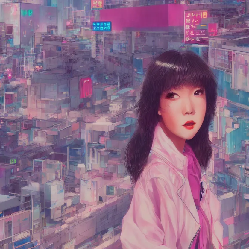 Image similar to 1 9 8 0 s japanese girl in a city pop city, hyper detailed, 8 k, trending, in artstation, digital painting, studio quality, cryengine, character design, smooth, sharp focus