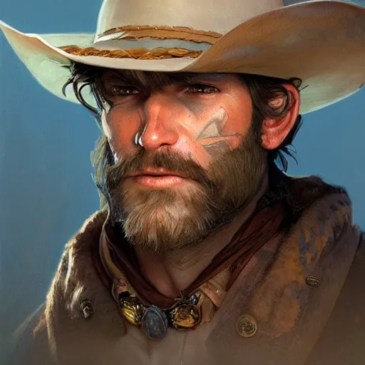 Image similar to rugged male cowboy, painted fantasy character portrait, highly detailed, digital painting, artstation, concept art, sharp focus, illustration, art by artgerm and greg rutkowski and alphonse mucha