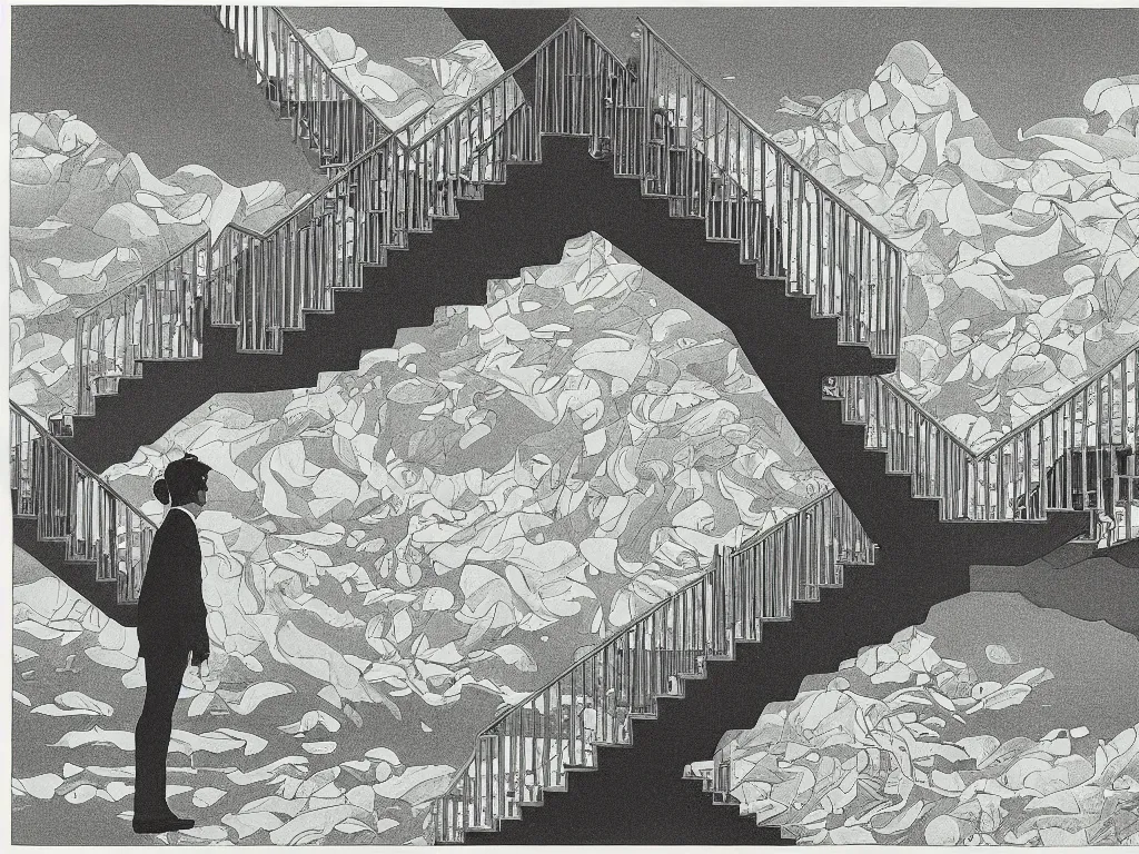 Image similar to lithograph printed in 1976. It depicts a man in a art gallery viewing a print of a seascape. The man's reflection is seen in the print, and the reflection shows the man walking down a staircase. The staircases in the print appear to be infinite, By M. C. Escher, colorized by Hayao Miyazaki