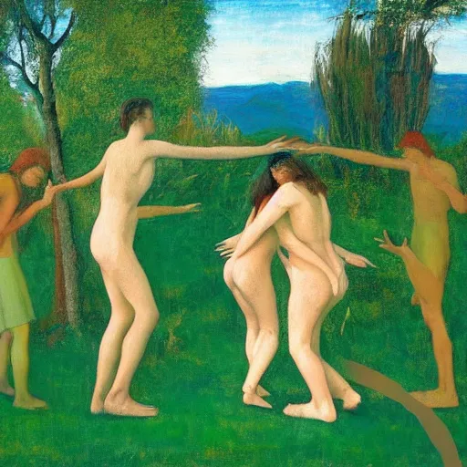 Image similar to 4 peoples dancing in the garden of Eden, nature, happy, painted by Edward Hooper, Peter Doig, low-key lighting, minimalist oil paint with thick brushstrokes of paint, ultra detailed, realistic, small spot of thick melting paint drips all over, 16k