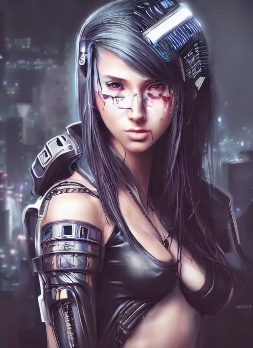 Prompt: beautiful, young cyberpunk ninja woman, extremely detailed gorgeous face, looks realistic, hyper-detailed portrait, sad eyes tears, vaporwave aesthetic, synthwave, magical, fantasy, ninchaku , artist Artgerm i and WLOP