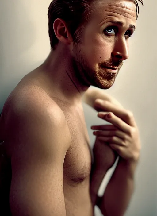Prompt: ryan gosling fused with goose, natural light, bloom, bird with arms, detailed face, magazine, press, photo, steve mccurry, david lazar, canon, nikon, focus