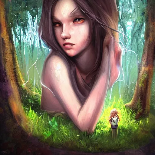 Prompt: a beautiful sad girl inside in a glass cube, she is sitting in front of a computer waiting while outside the cube. outside the cube a whole vibrant forest to discover. oil painting and ultra realistic with arcane league of legends style. the image transmit a sense of wonder and exploration. the art is incredibly detailed. the characters are all unique and interesting.