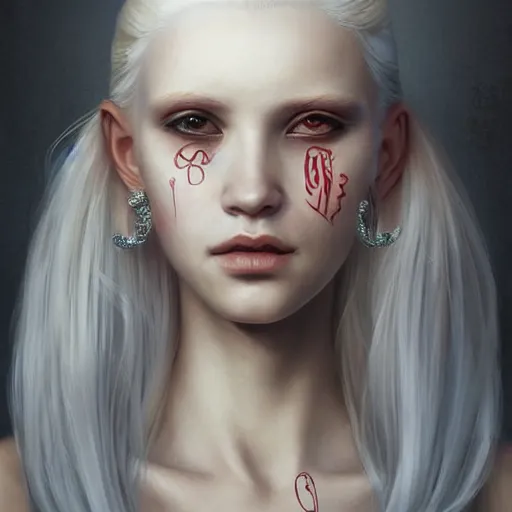 Image similar to A masterpiece portrait of a A model-looking albino girl with large piercings. Greek nose. Goddess of life and love trending on artstation, digital art, by Stanley Artgerm Lau, WLOP, Rossdraws, James Jean, Andrei Riabovitchev, Marc Simonetti, Yoshitaka Amano