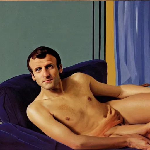 Image similar to emmanuel macron posing on a sofa, 1 9 7 0 living room, body hair, oil on canvas, by david hockney, bouguereau