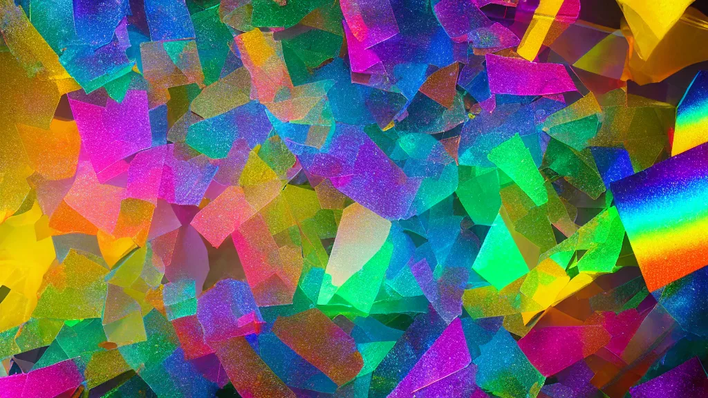 Image similar to A still shot of rainbow light, scattered amongst the prismatic shards of a broken mirror, studio lighting, 4k photo