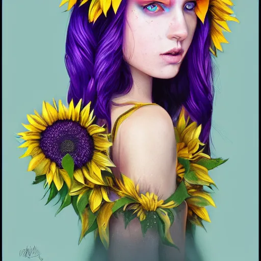 Image similar to a beautiful stunning matte digital portrait illustration of a blue-eyed woman with freckles and violet hair wearing a yellow sunflower crown, in the style of Ross Tran, trending on artstation, contest winner