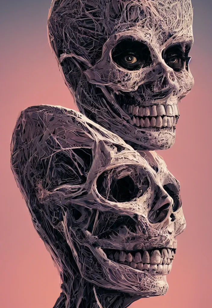 Image similar to portrait of Margot Robbie as a skeleton. intricate abstract. intricate artwork. nightmare fuel. by Tooth Wu, wlop, beeple, dan mumford. octane render, trending on artstation, greg rutkowski very coherent symmetrical artwork. cinematic, hyper realism, high detail, octane render, 8k, iridescent accents