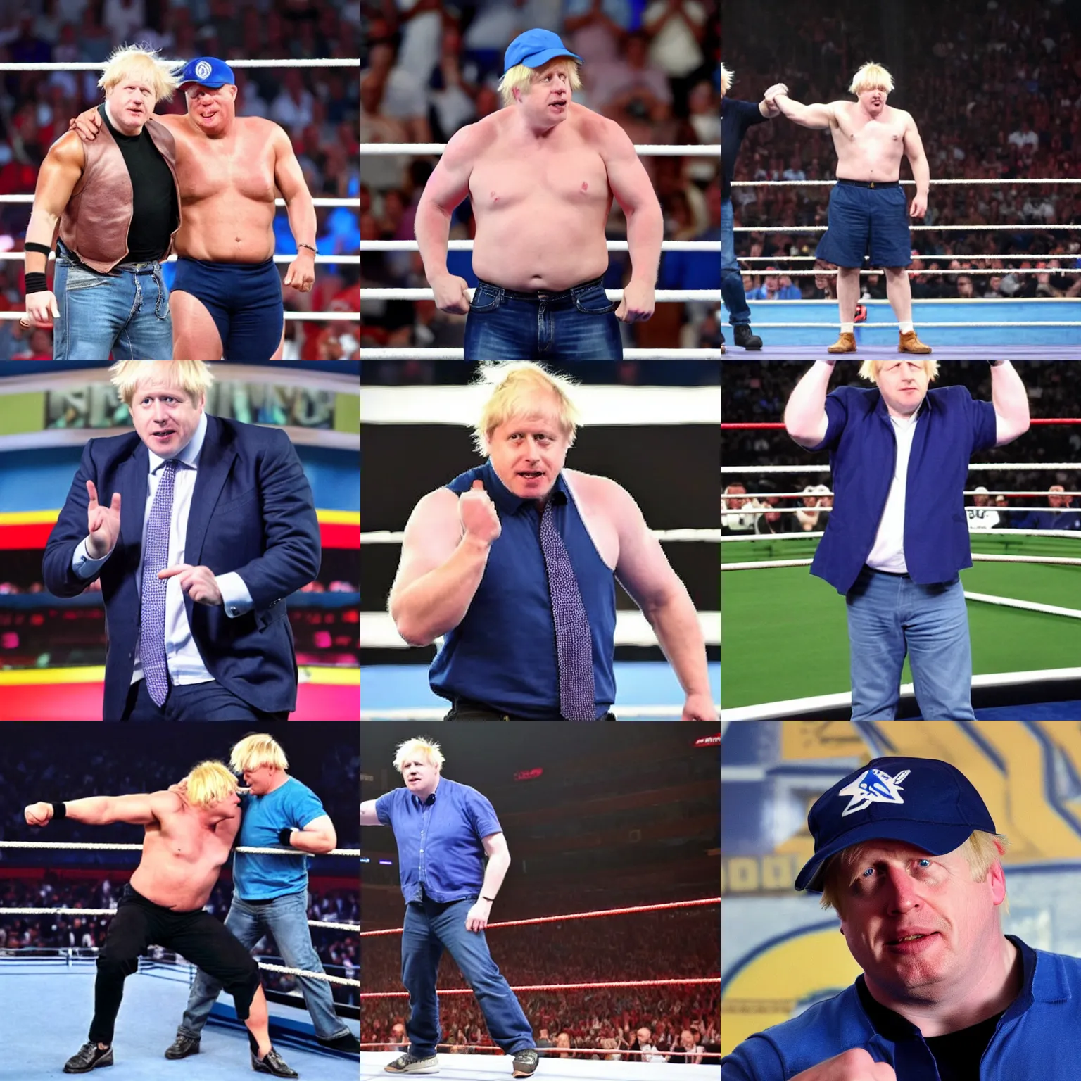 Image similar to boris johnson wearing a blue baseball cap hat and jeans in wwe as a muscular wrestler. he is holding one hand near his face