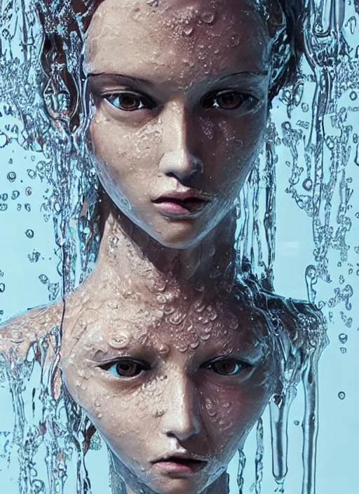 Image similar to sculpture made of water, girl portrait, future, shaman, harper's bazaar, vogue, magazine, wet, blue, concept art, ornate, luxury, elite, elegant, trending on artstation, by ruan jia, by Kenneth Willardt, by ross tran, by WLOP, by Andrei Riabovitchev,