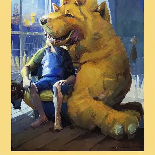 Image similar to a humanoid german shepherd beast - man, sitting and watching a soccer match in his house on television, he has hurt his knee and is a dad, by erin hanson, alexi zaitsev, karl spitzweg, award winning, tv set