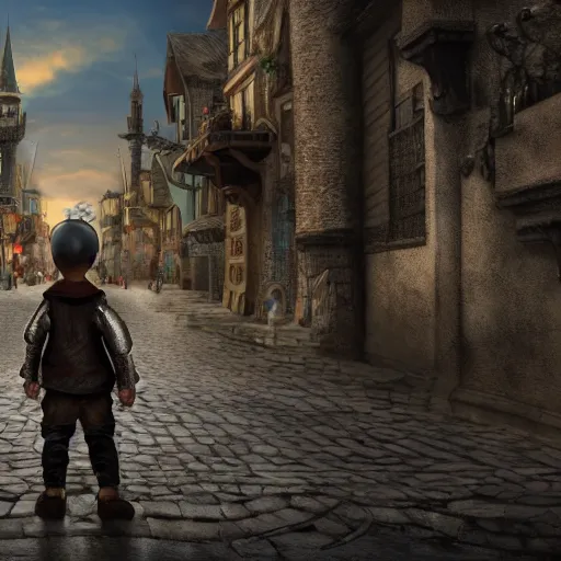 Prompt: the back of a boy standing in the streets of a fantastical medieval fantasy city, extremely detailed and photorealistic, 8k