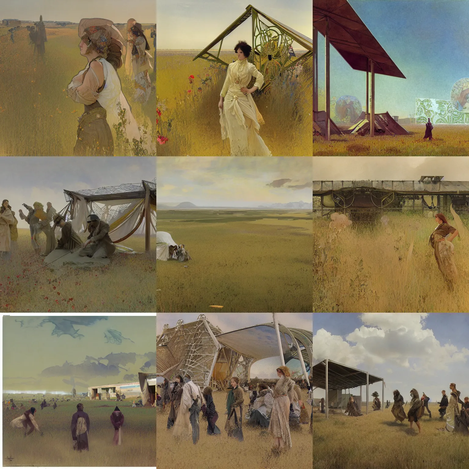 Prompt: hyper-realistic illustration of long shot of a small brutalist utility structure in the middle of a large field, by alfons mucha le pater, art nouveau, Craig Mullins, Jules Louis Machard, Pierre-Narcisse Guérin, Carl Schweninger, Jr., asymmetry