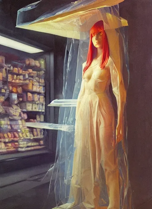 Image similar to beautiful cyberpunk woman in a translucent clothing made from plastic bag with paper bags for clothes standing inside paper bags with paper bag over the head at store display Edward Hopper and James Gilleard, Zdzislaw Beksinski, highly detailed