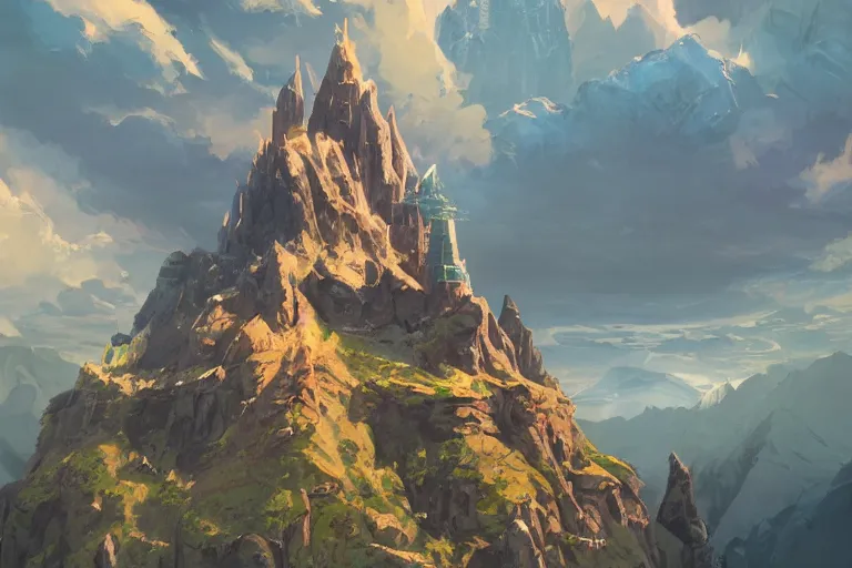 Prompt: the ancient mountain castle zelda breath of the wild, in the style of stephan martiniere and vicente segrelles, trending on artstation, back lighting tilt - shift cottagecore, abstract illusionism, movie poster, creature concept art, precisionism