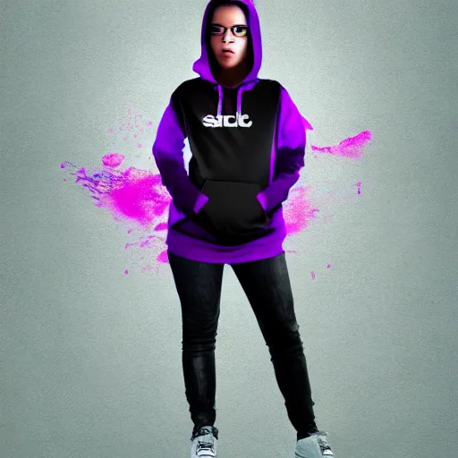 Image similar to poster artwork, sci fi, a female, full body, black hoodie techie, black hair with purple streaks, 8 k