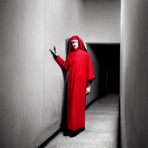 Image similar to portrait of a nun in red clothes, staying in concrete corridor, dark, moody, scary, paranoid, by Hugh Kretschmer