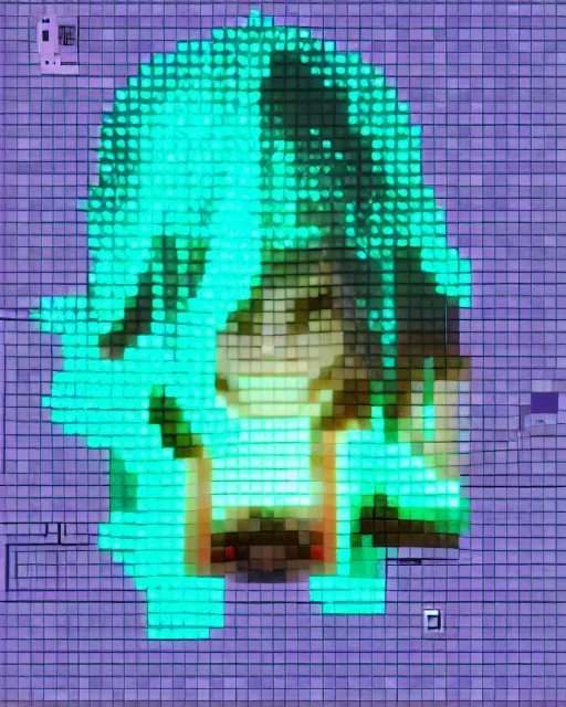 Prompt: isometric pixel voxel portrait photo of girl made of spare electric parts and glowing nixie minimal liminal design