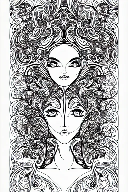 Image similar to portrait of beautiful women ornate luxury fractal ink drawing line art colouring page, vector, colorful, margins, fine lines, centered