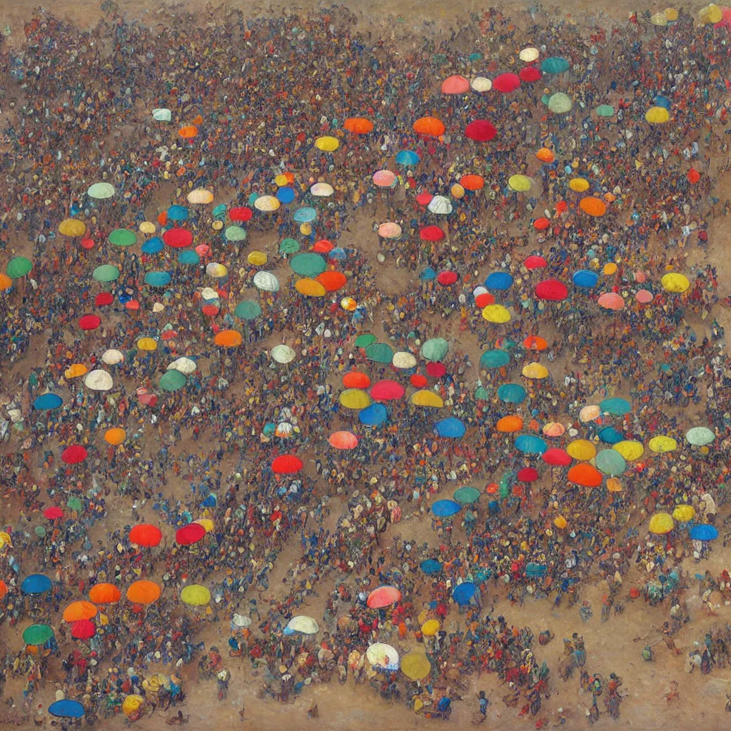 Prompt: dahomey officials with flat colorful umbrellas in ahomey's huge main square, from above, 1905, brightly colored, highly detailed, oil on canvas, by ilya repin