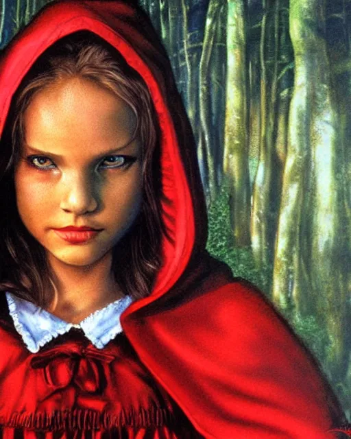 Image similar to little red riding hood, airbrush, drew struzan illustration art, key art, movie poster