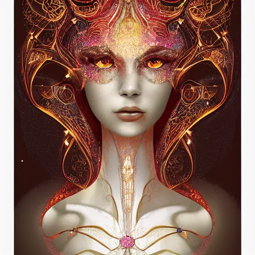 Prompt: abstract highly detailed female drawing made of white marble and red crystals quartz and minerals, ethereal lights, fine details, artstation, digital paint, fantasy, art noveau design, illustration, 8 k, intricate golden filigree, octane render, hypperrealistic painting, abstract liquid, concept art, painting by james gilleard and minna sundberg