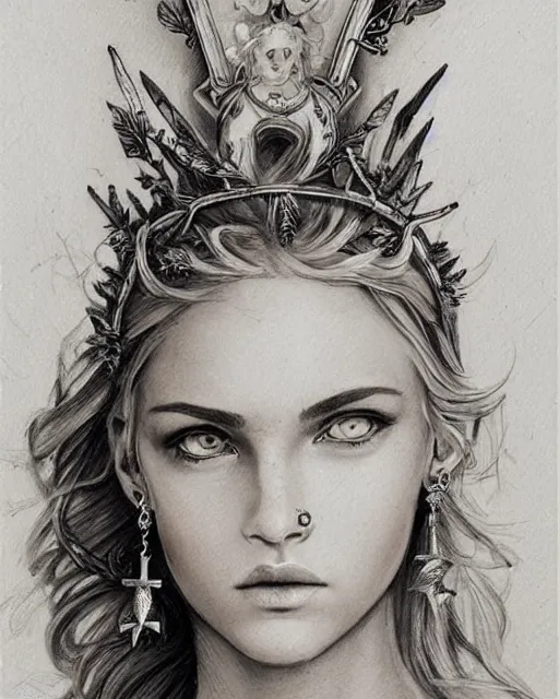 Image similar to beautiful aphrodite greek goddess wearing a laurel wreath and arrowhead earrings, hyper - realistic tattoo sketch, beautiful piercing eyes with sharp pupils, beautiful blonde hair, in the style of greg rutkowski, fantasy, amazing detail, epic, elegant, smooth, sharp focus