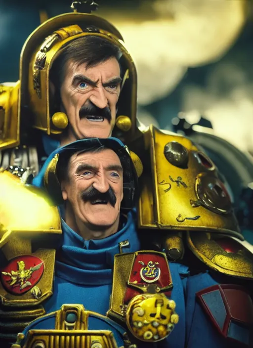 Image similar to Barry Chuckle as a Warhammer 40K Space Marine, movie still, cinematic lighting, dramatic, octane render, long lens, shallow depth of field, 8k, hyper detailed, 35mm film grain