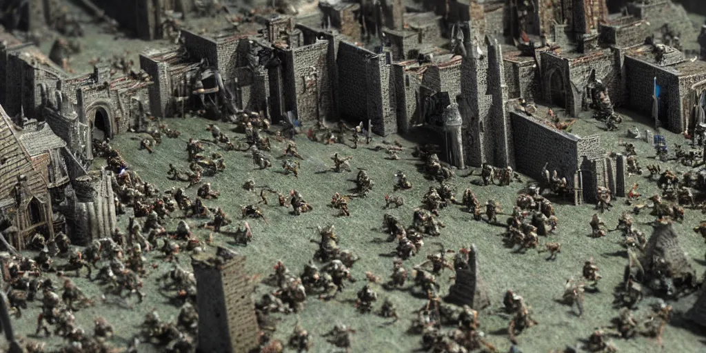 Image similar to needle felt of battle of helms deep, tilt shift, action shot, explosions, dust, detailed textures, dramatic light, god rays