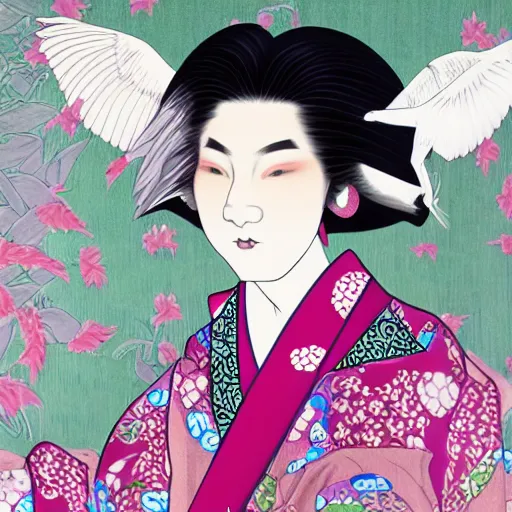 Prompt: urban fantasy realistic character portrait of the androgynous japanese Kami of hospitality, wearing a silk kimono richly decorated with patterns of flying cranes