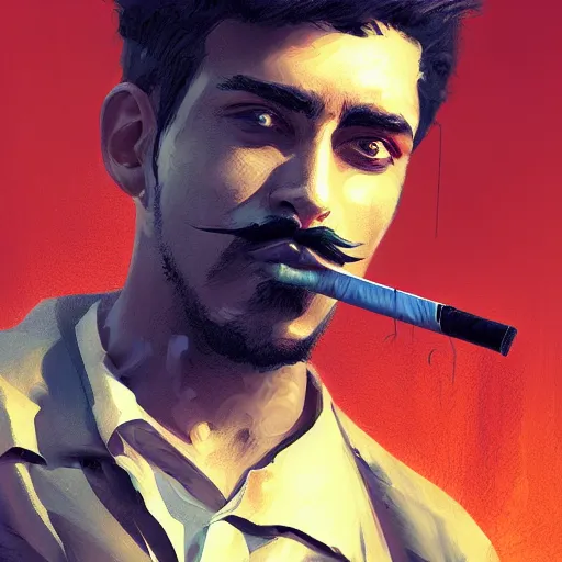 Image similar to saudi arab man smoking cigarettes digital art in the style of greg rutkowski and craig mullins, 4 k