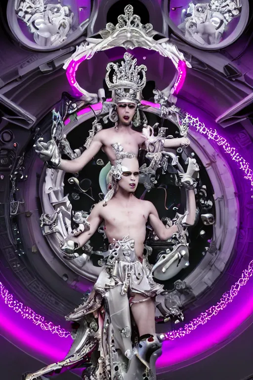 Image similar to full-body rococo and cyberpunk style neon statue of a young attractive portugues macho dotado e rico android sim roupa reclining con piroca dura, glowing white laser eyes, prince crown of pink gears, diamonds, swirling silver-colored silk fabric. futuristic elements. full-length view. space robots. human skulls. intricate artwork by caravaggio. Trending on artstation, octane render, cinematic lighting from the right, hyper realism, octane render, 8k, depth of field, 3D