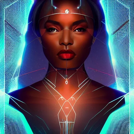 Image similar to symmetry!! solid cube of light, hard edges, product render retro - futuristic poster scifi, lasers and circuits, brown skin queen, intricate, elegant, highly detailed, digital painting, artstation, concept art, smooth, sharp focus, illustration, dreamlike, art by artgerm