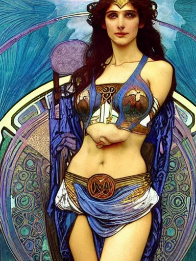 Image similar to a beautiful painting of gal gadot by Alphonse Mucha and by yoshitaka Amano and by Mark Brooks and by gustav klimt and by john william waterhouse, Art Nouveau, Neo-Gothic, gothic, award winning painting, hyperdetailed, detailed, full body