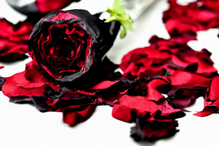 Prompt: a photo of black silk with red rose petals scattered around it, image apothecary, beautiful