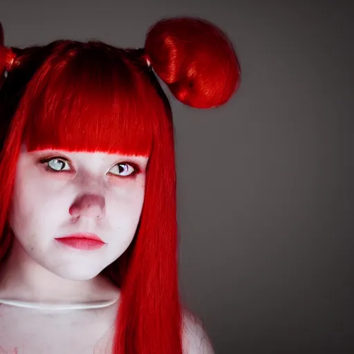 Image similar to A head and shoulders portrait of an adorable creepy horror girl with red hair in pigtails, eerie, dim lighting, 4K HD, professional portra 400 photograph