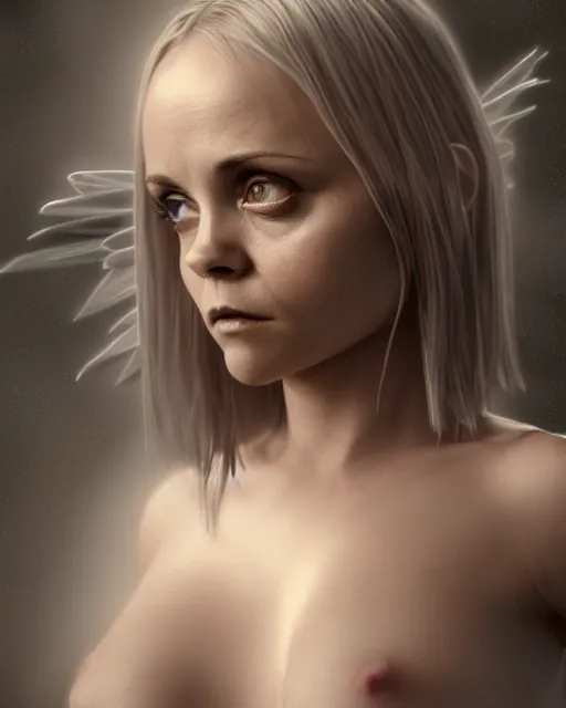 Image similar to Full body potrait of christina Ricci as an angel, hyper realistic, prismatic highlights, atmosphere, gorgeous, depth of field, cinematic, macro, concept art, 50mm, artstation, wlop, elegant, epic, weta digital, focus, octane render, v-ray, 8k, kodak portra, art by Liberatore