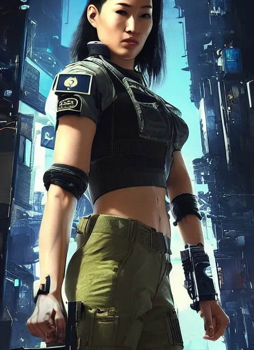 Image similar to Nikki tanaka. beautiful cyberpunk female USN marine wearing a military vest and combat gear. (Cyberpunk 2077, bladerunner 2049, apex legends, hl2, mgs, overwatch, blackops, rb6s). gorgeous face. Iranian orientalist portrait by john william waterhouse and Edwin Longsden Long and Theodore Ralli and Nasreddine Dinet, oil on canvas. Cinematic, hyper realism, realistic proportions, dramatic lighting, high detail 4k