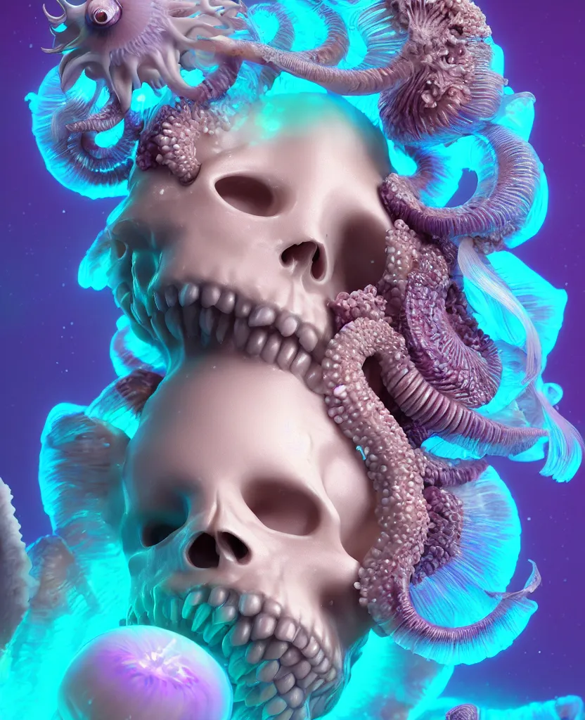 Image similar to goddess princess beautiful face close-up portrait ram skull fluffy toy. jellyfish phoenix head, nautilus, orchid, skull, betta fish, bioluminiscent creatures, intricate artwork by Tooth Wu and wlop and beeple. octane render, trending on artstation, greg rutkowski very coherent symmetrical artwork. cinematic, hyper realism, high detail, octane render, 8k