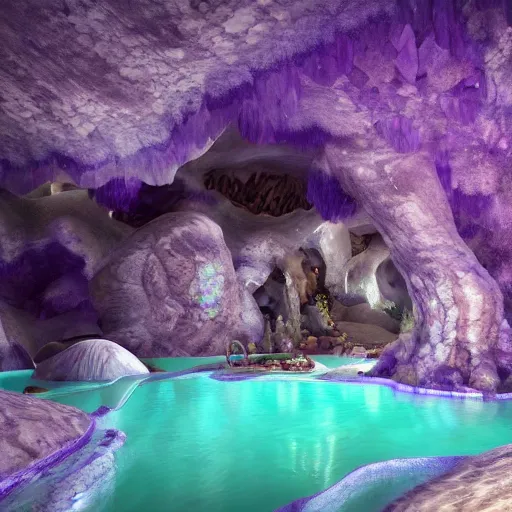 Prompt: inside an amethyst cave with a hotspring, highly detailed, 4k, HDR, award-winning, artstation, octane render